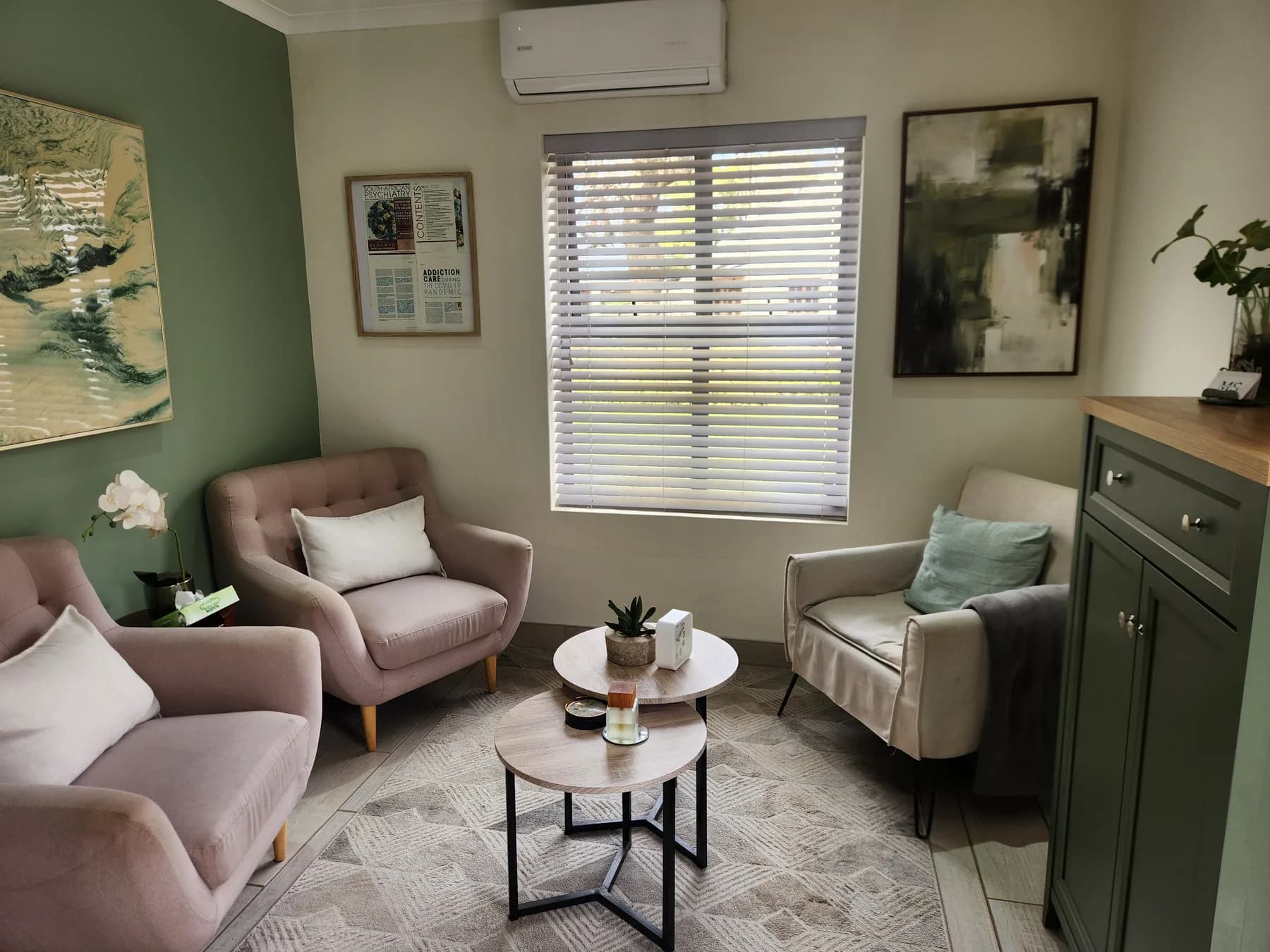 A consulting room at Val de Vie, set up with armchairs rather than a desk.
